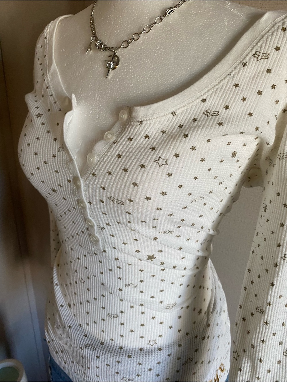 Cute white Y2K fox racing Henley long sleeve top - Picture 4 of 7